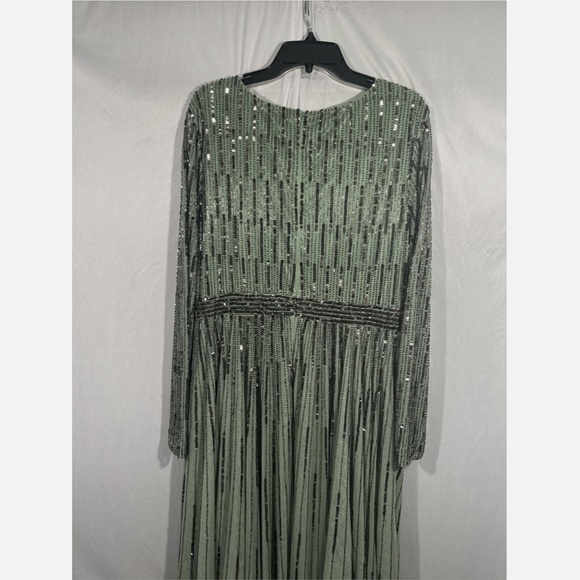 NEW $598 Mac Duggal [ 16 ] Sequined Illusion Long Sleeve A-line Gown‎ Sage Green - Picture 13 of 14